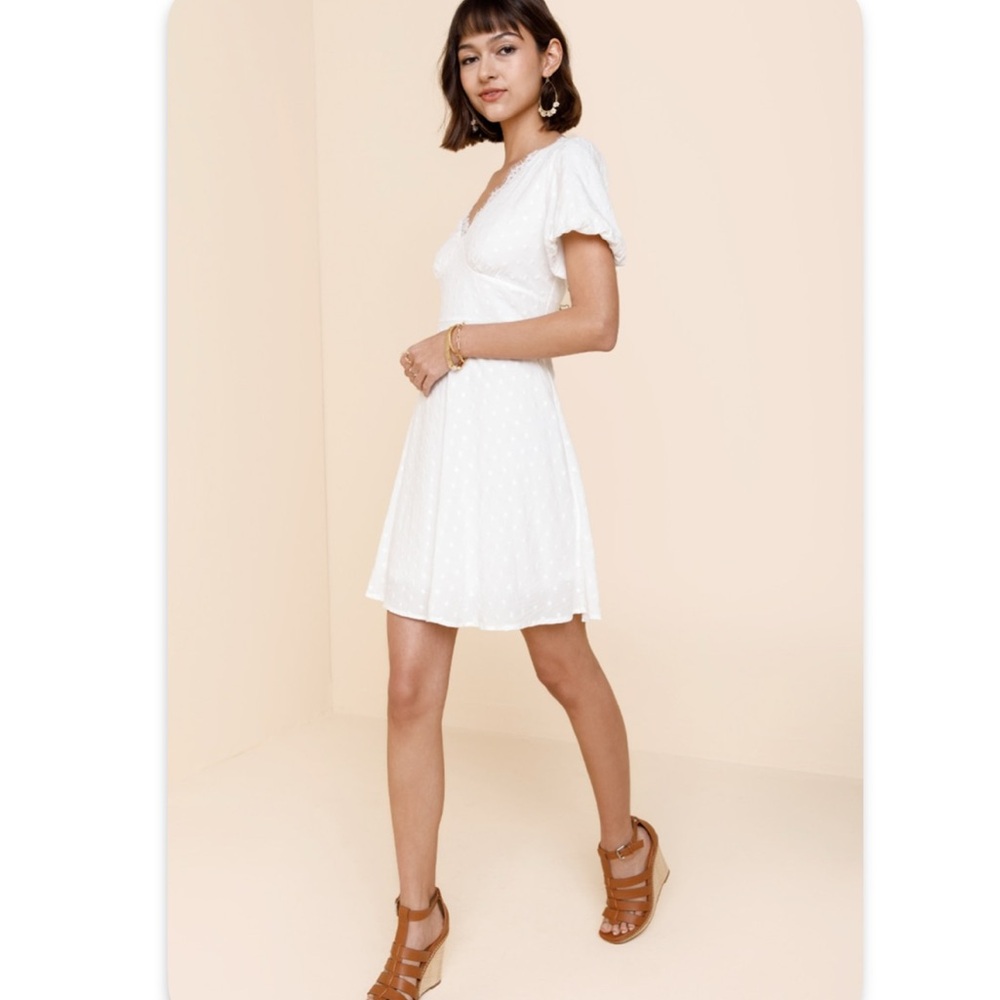 Francesca's Collections Mi Ami Rose Clip Dot white puff sleeve Mini Dress Medium - Picture 8 of 11